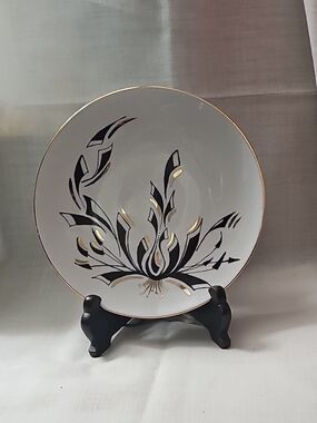 Decorative White Porcelain Hanging Plate with Black & Gold Floral Design
